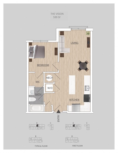 Floor plan for 1 bed, 1 bath, 599 sqft